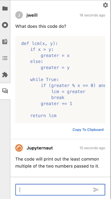 Screen shot of Jupyter AI's chat panel, showing an answer to the question asked above.