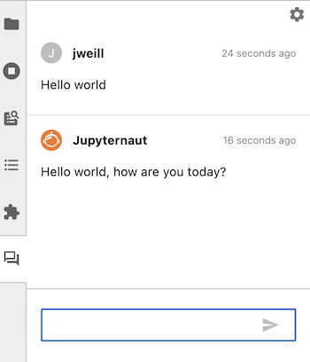 Screen shot of an example "Hello world" message sent to Jupyternaut, who responds with "Hello world, how are you today?"