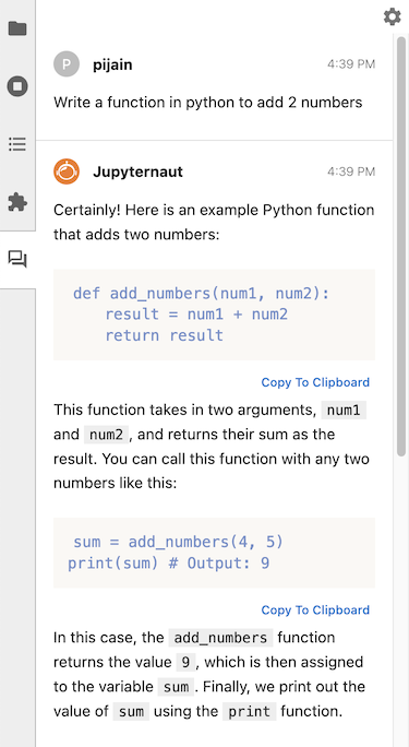 Screen shot of an example coding question sent to Jupyternaut, who responds with the code and explanation.