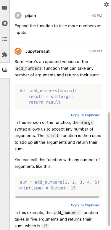 Screen shot of an example follow up question sent to Jupyternaut, who responds with the improved code and explanation.