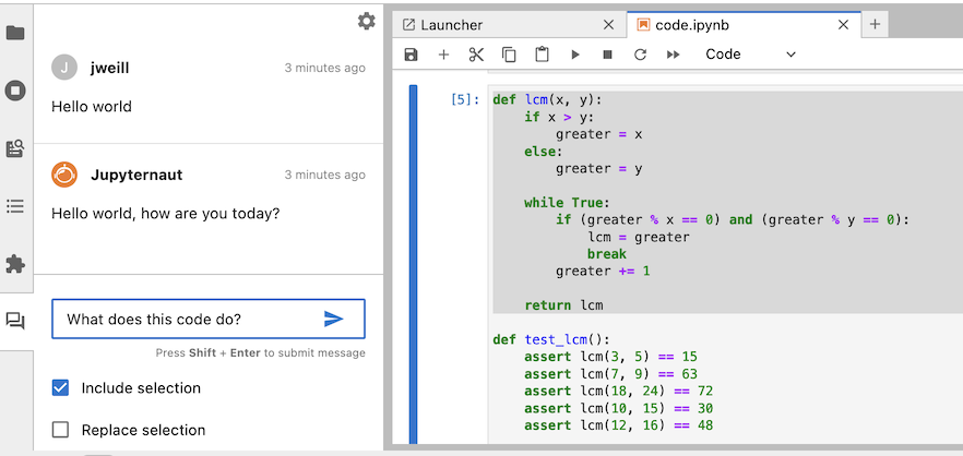 Screen shot of JupyterLab with Jupyter AI's chat panel active. A Python function is selected, the user has "What does this code do?" as their prompt, and the user has chosen to include the selection with their message.