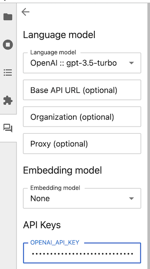 Screen shot of the setup interface, showing model selections and key populated