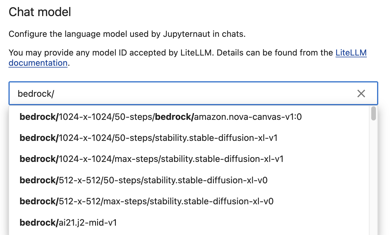 Screenshot of the Jupyter AI chat panel where the base language model and embedding model is selected.