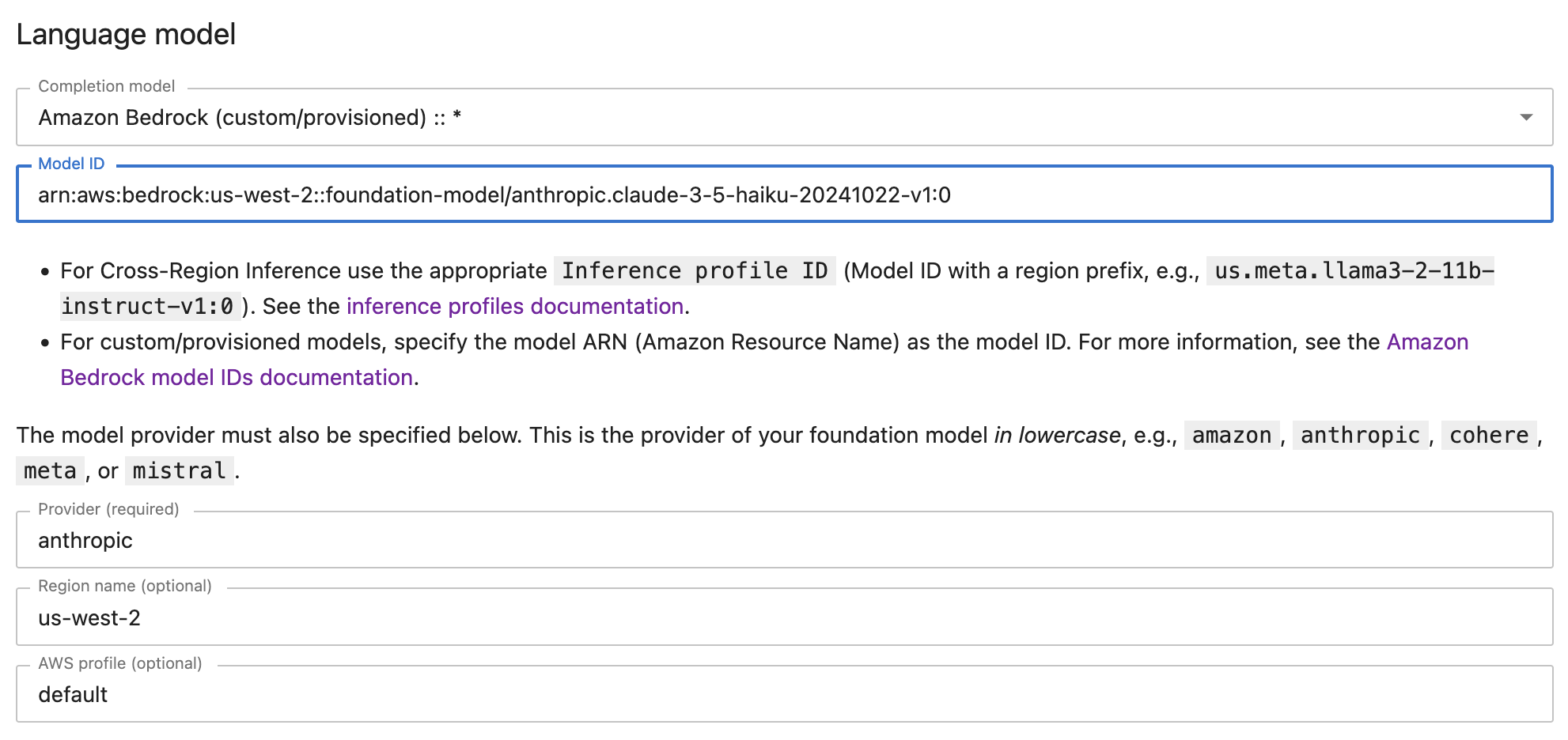 Screenshot of the Jupyter AI chat panel where the base model is selected using its ARN.