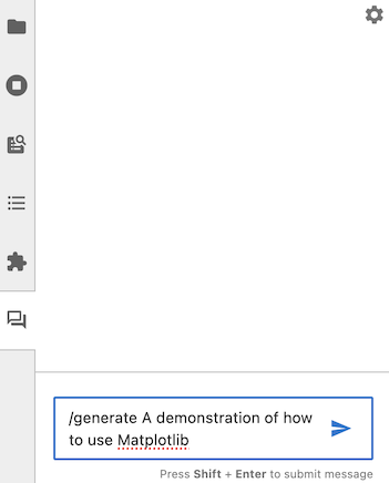 Screen shot of a prompt reading "/generate A demonstration of how to use Matplotlib" in Jupyter AI