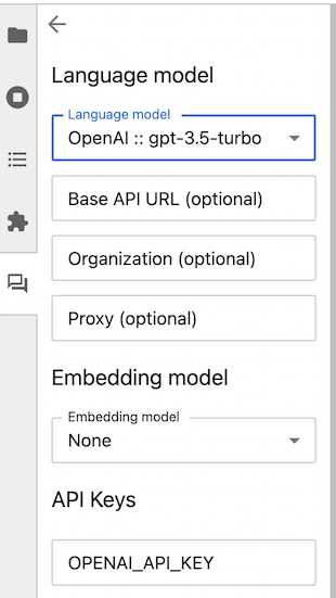 Screen shot of the setup interface, showing model selections and key