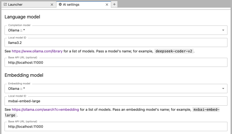 Screenshot of the settings panel with Ollama on non-default port.