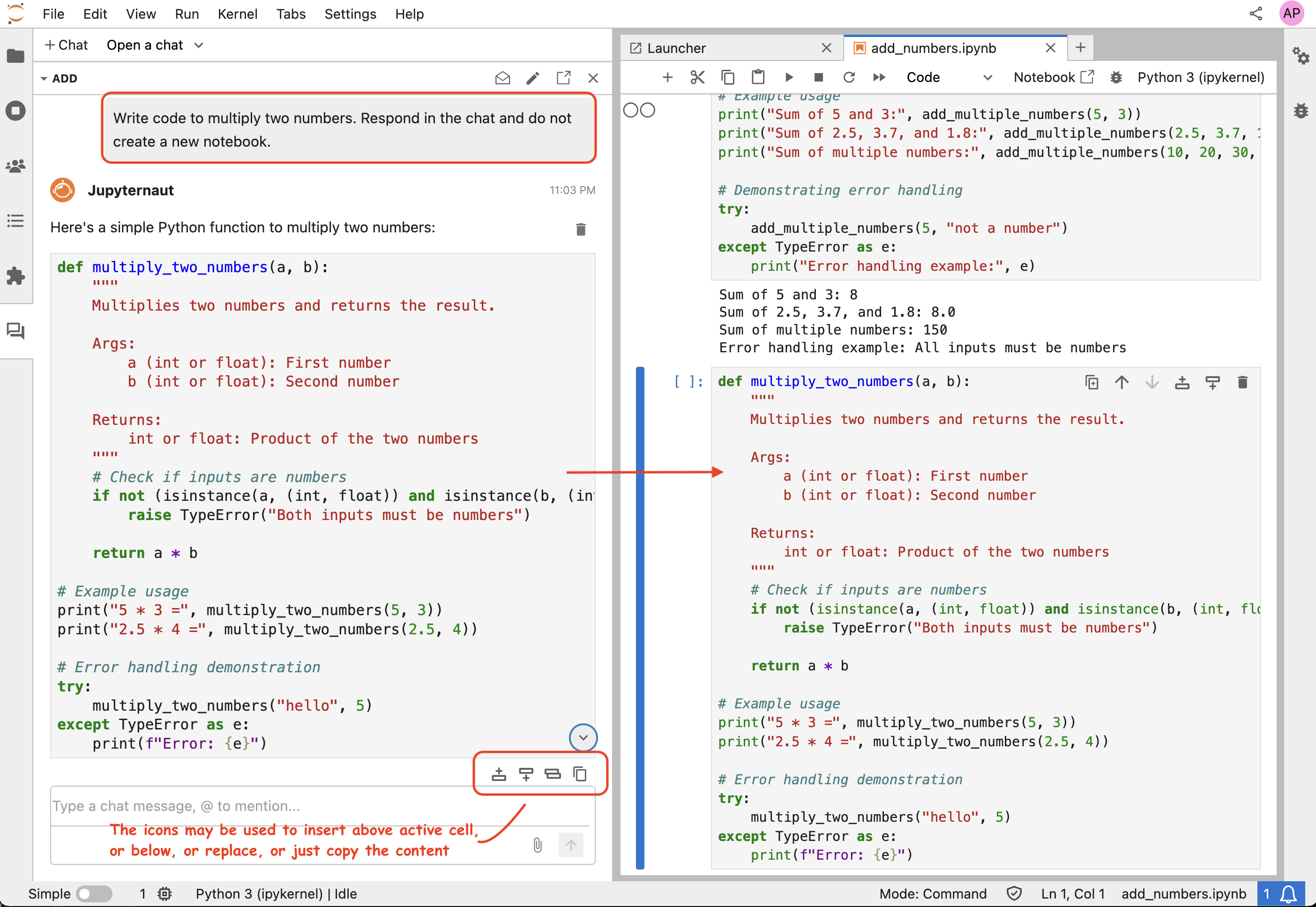 Screen shot of Jupyter AI with a Python function selected, the user having typed "Rewrite this function to be iterative, not recursive" as their prompt, and with the user having chosen to include the selection with their message and to replace the selection with the response.