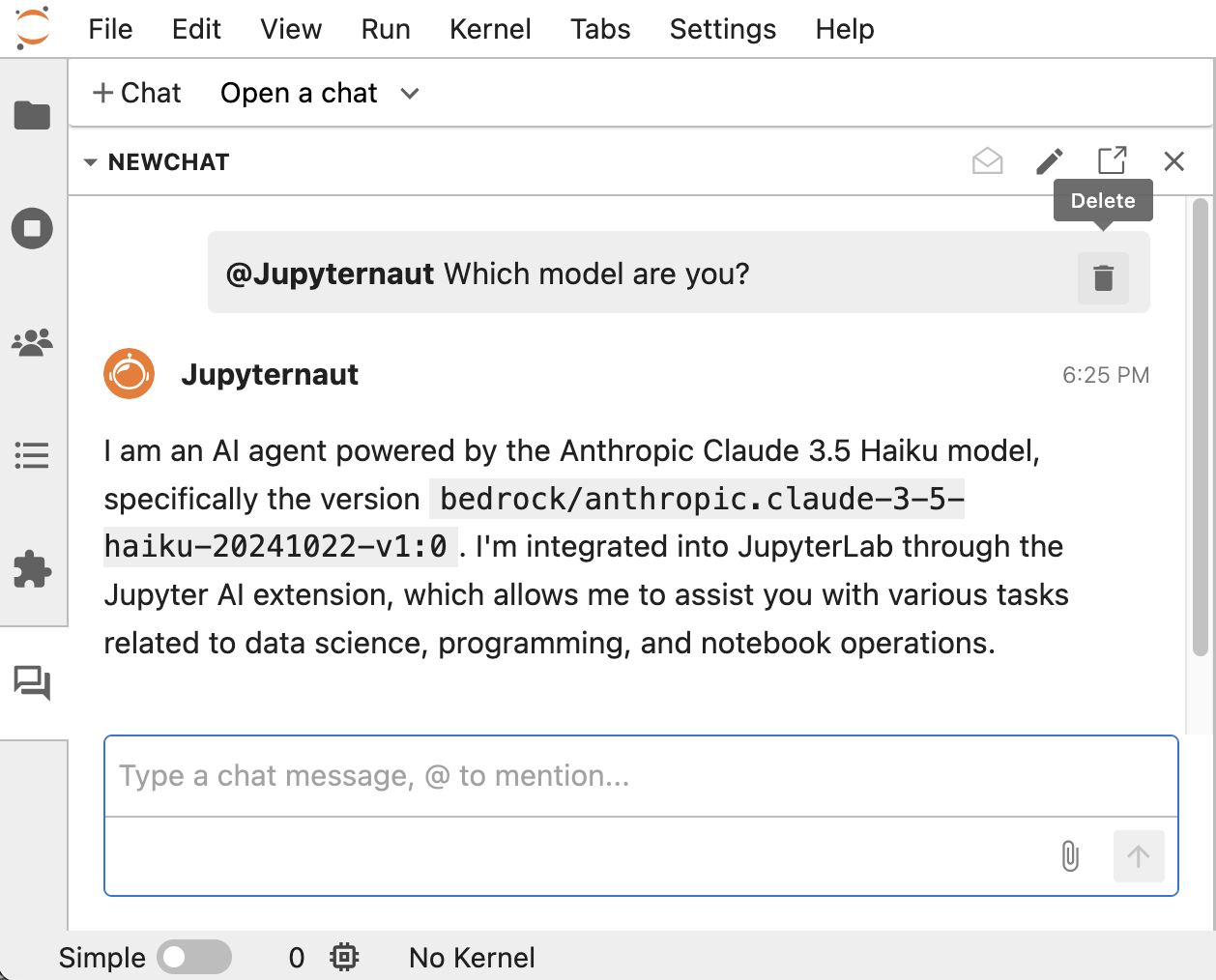 Screen shot of the new chat response