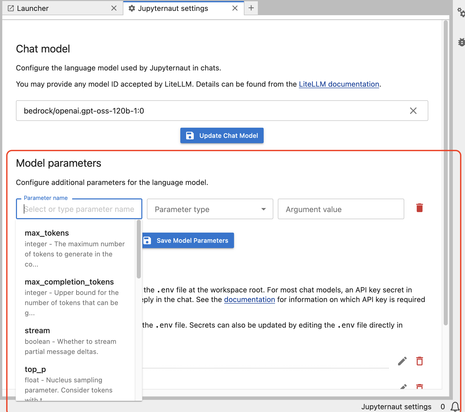 Chat settings interface with Juptyter Lab