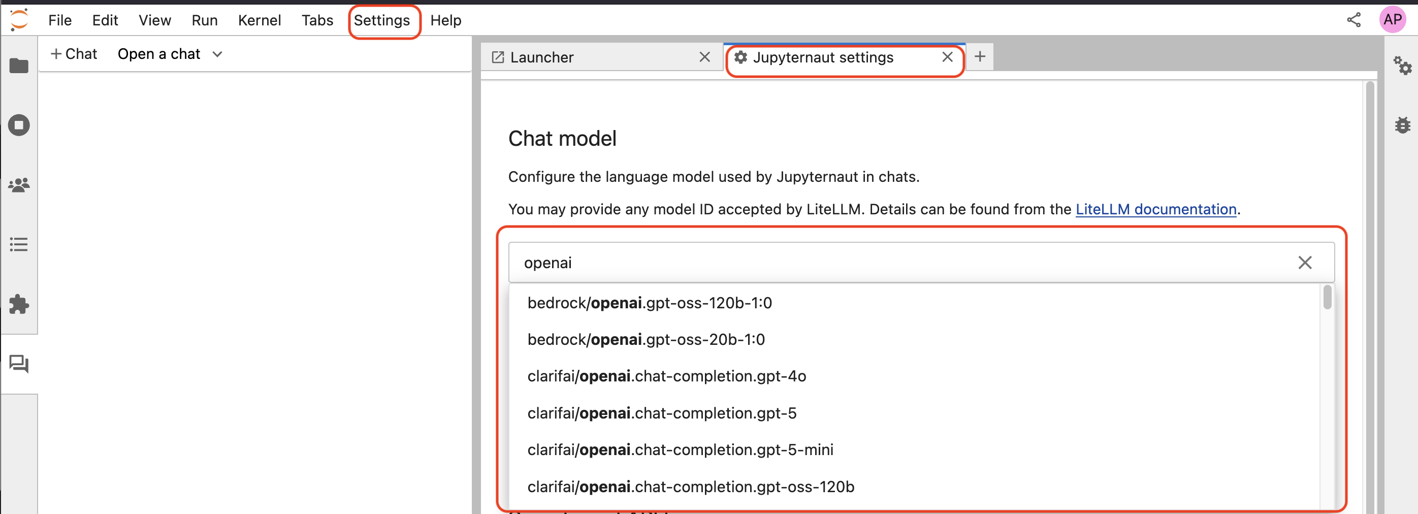 Chat settings interface with Juptyter Lab