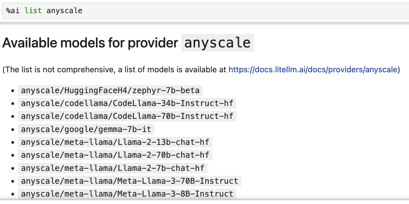 Screenshot of magics list for a selected provider.