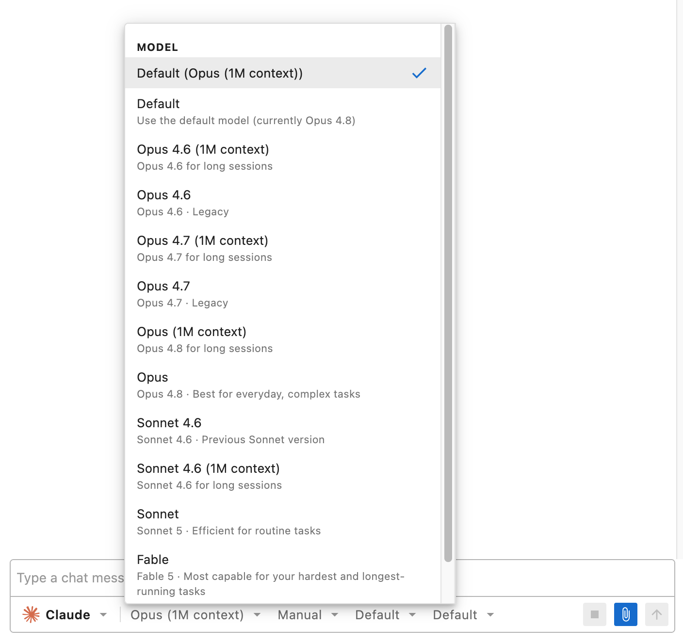 Screenshot showing the model selection menu provided by an AI persona