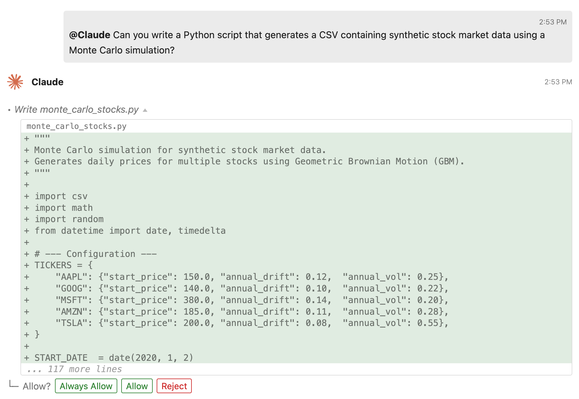 Screenshot showing a tool call permission request from an agent